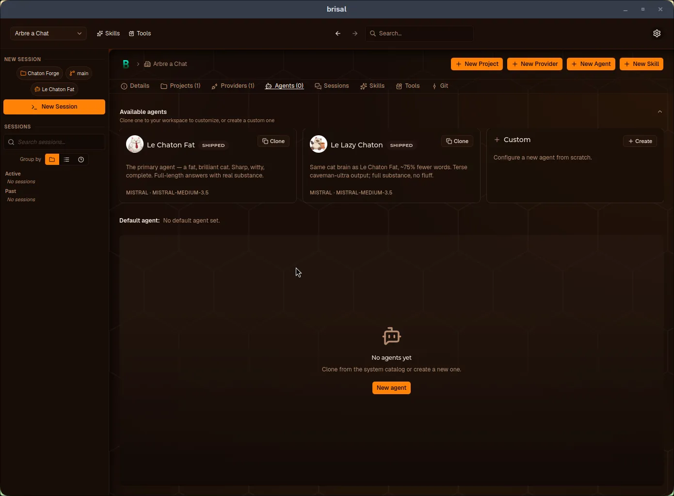 The workspace "demo" on its Agents tab. An "Available agents" section reads "Clone one to your workspace to customize, or create a custom one" and shows a "Le Chaton Fat" card with a SHIPPED badge, the line "MISTRAL · MISTRAL-MEDIUM-3.5," and a Clone button, next to a "Custom" tile with a Create button. A "Default agent: Le Chaton Fat (system agent)" line sits below, and an empty state reads "No agents yet — Clone from the system catalog or create a new one" with a New agent button.