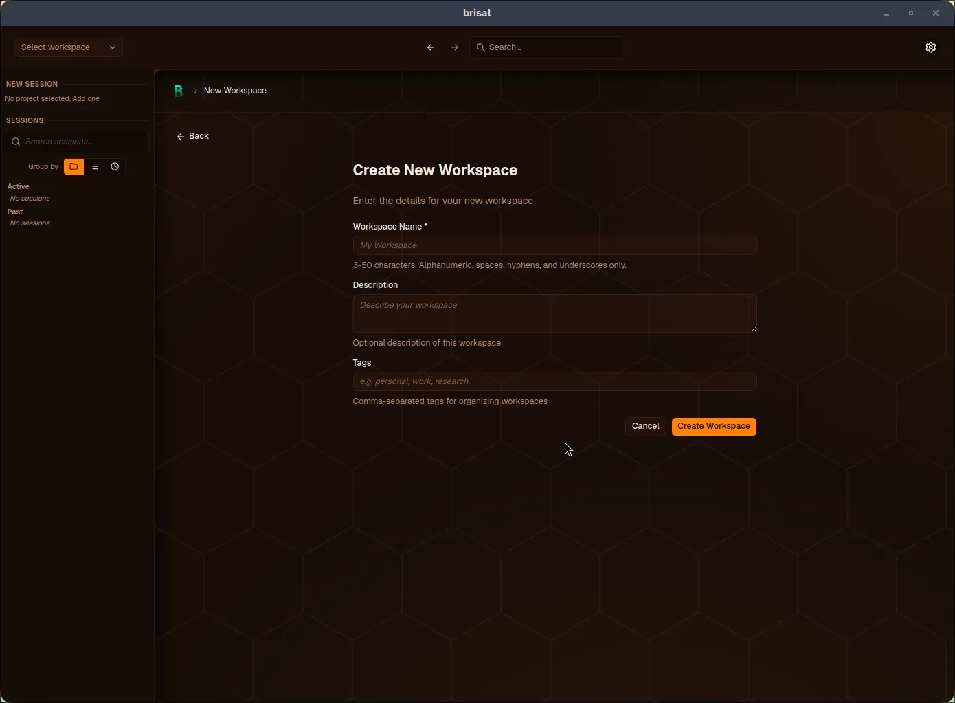 The "Create New Workspace" form with fields for name, description, and tags.