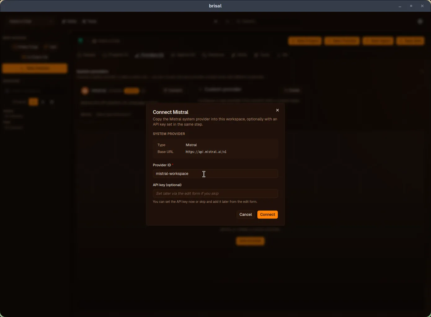 The "Login to Mistral" dialog. A subtitle reads "Copy the Mistral system provider into this workspace, optionally with an API key set in the same step." A System Provider block shows Type: Mistral and Base URL: https://api.mistral.ai/v1. Below, a required Provider ID field contains "mistral-workspace," and an optional API key field shows the placeholder "Set later via the edit form if you skip." Cancel and Login buttons sit at the bottom.