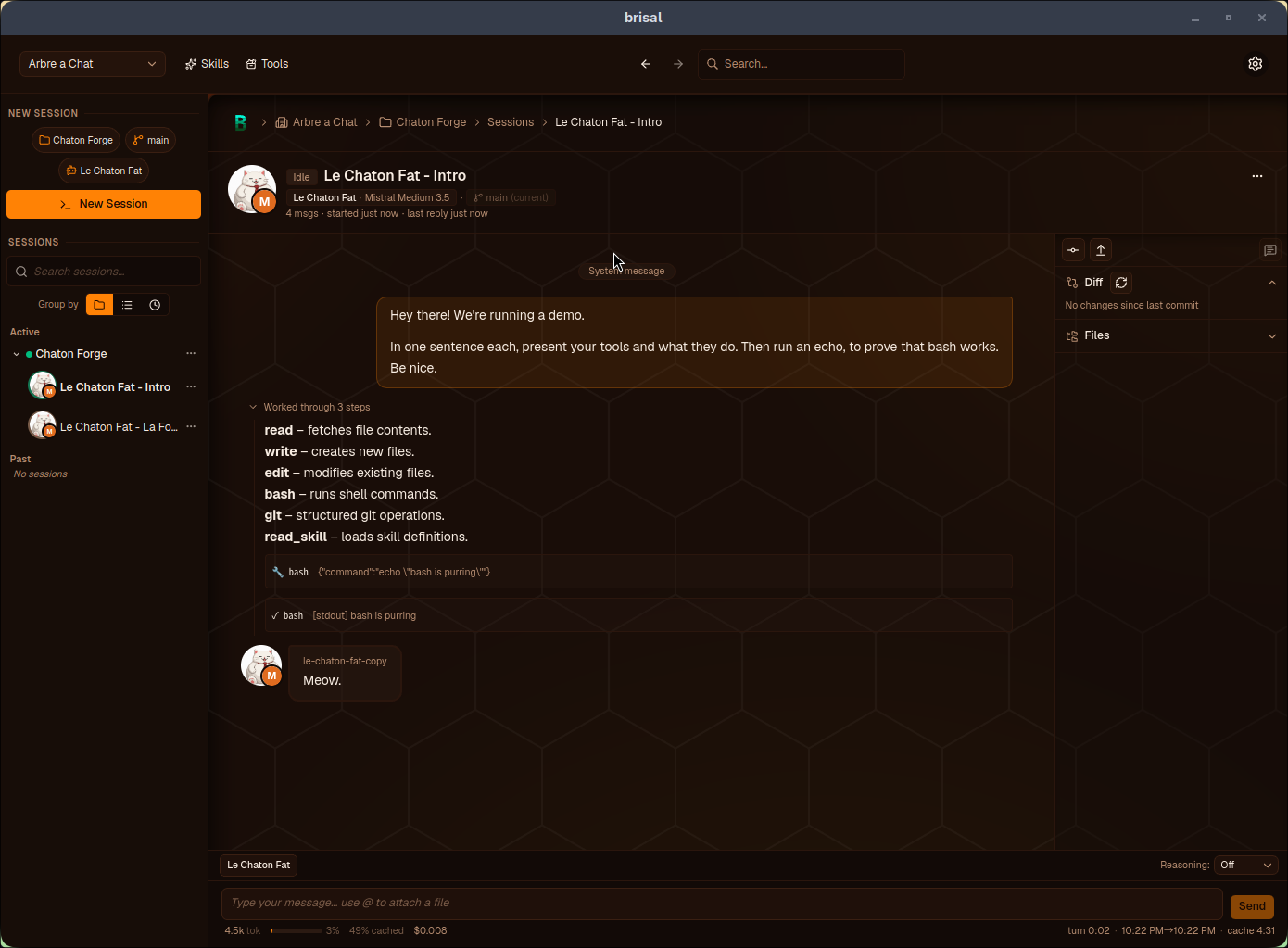 The Brisal desktop app in its mistral dark theme: a chat session where the agent explains its read, edit, and bash tools in a bulleted list and runs an echo command to prove bash works. The token meter along the bottom reads ~2.5k tokens, 2% of context, and less than $0.001 for the turn.
